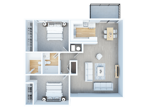 Floor plan for 2 beds, 2 baths, 989 sqft